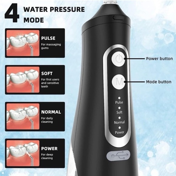 Water Flosser with 310ml Tank, 4 Nozzle Tips, 4 Pressure Settings, USB Rechargea - Picture 3 of 11